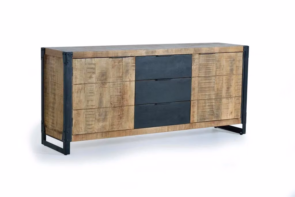 Credenza in legno di mango grezzo e metallo stile industrial con 9 cassetti, marrone e nero – 2