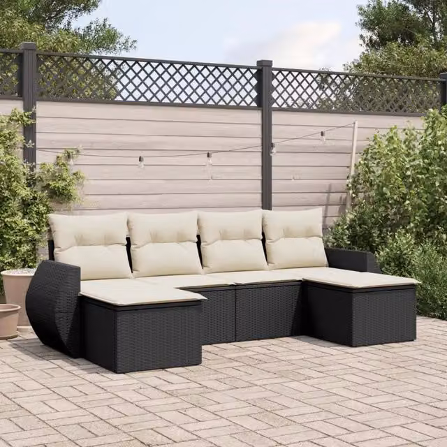 Set Divano da Giardino 6 pz con Cuscini-Sofa da Giardino-Divanetto da esterno Nero in Polyrattan 785925