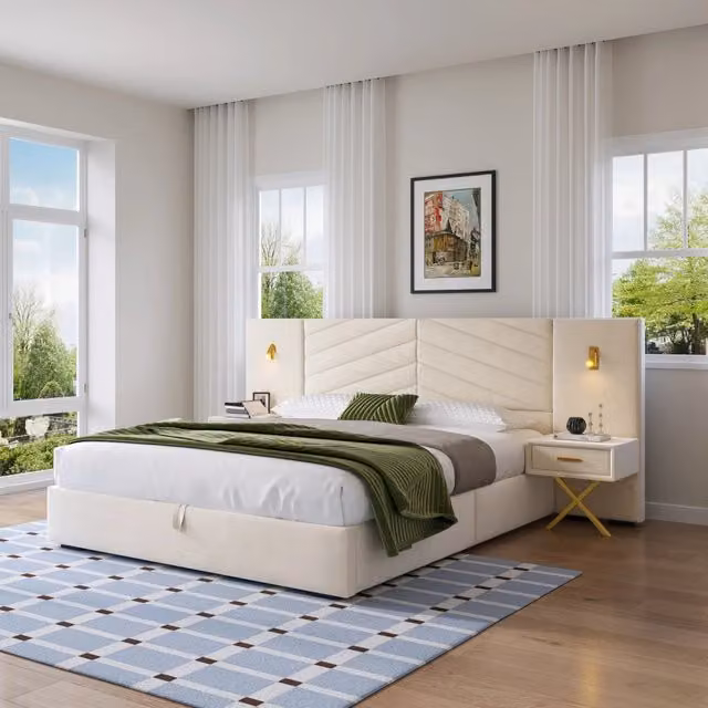 Letto contenitore 266x205 cm; alzata a gas; legno; beige bianco