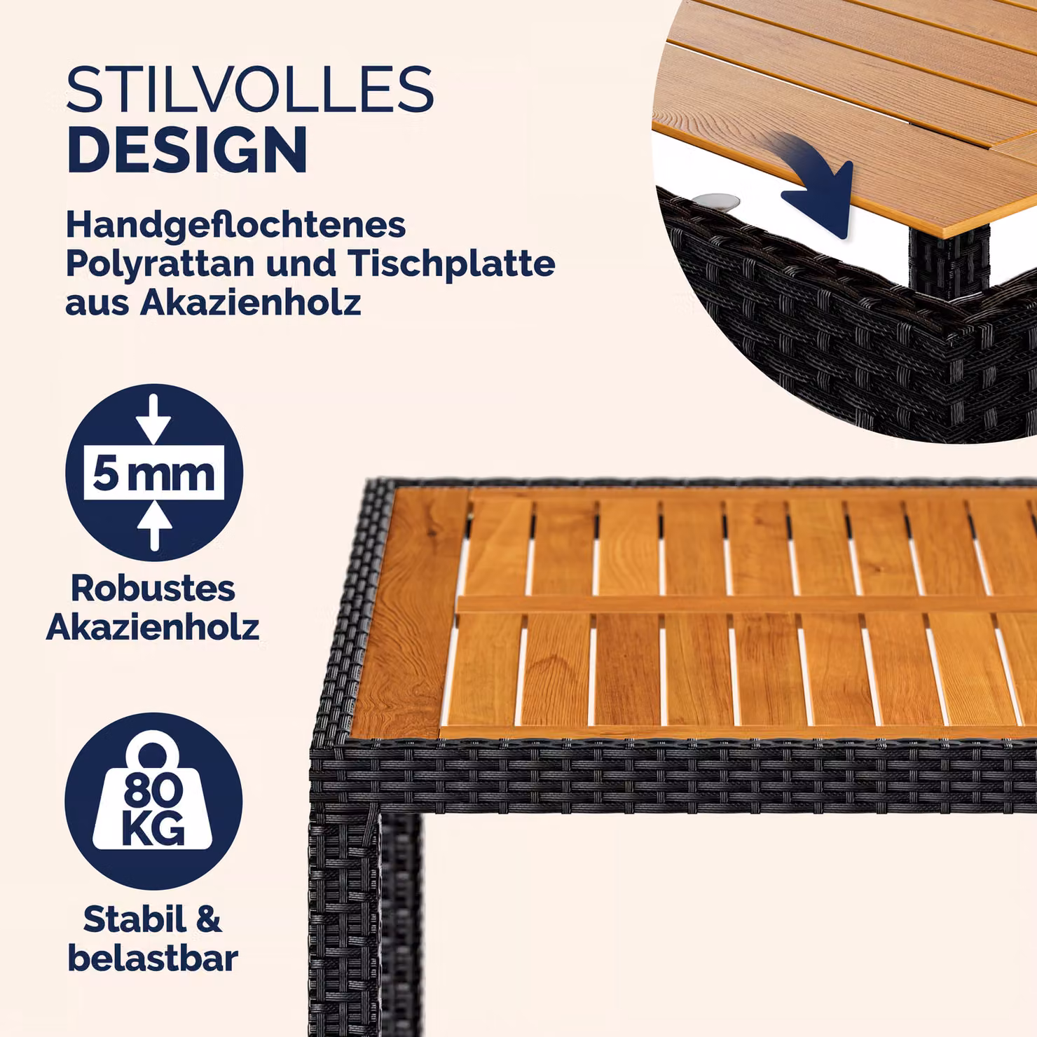 Set da giardino Casaria Corfu in polyrattan e legno di acacia, 5 pezzi, nero e beige – 3