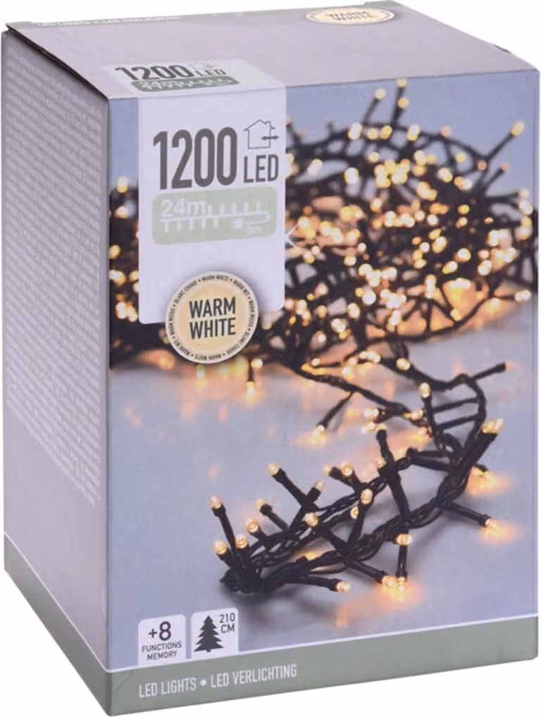 Catena luminosa a grappolo LED bianco caldo, 1200 LED, cavo verde, interno/esterno, 27 m
