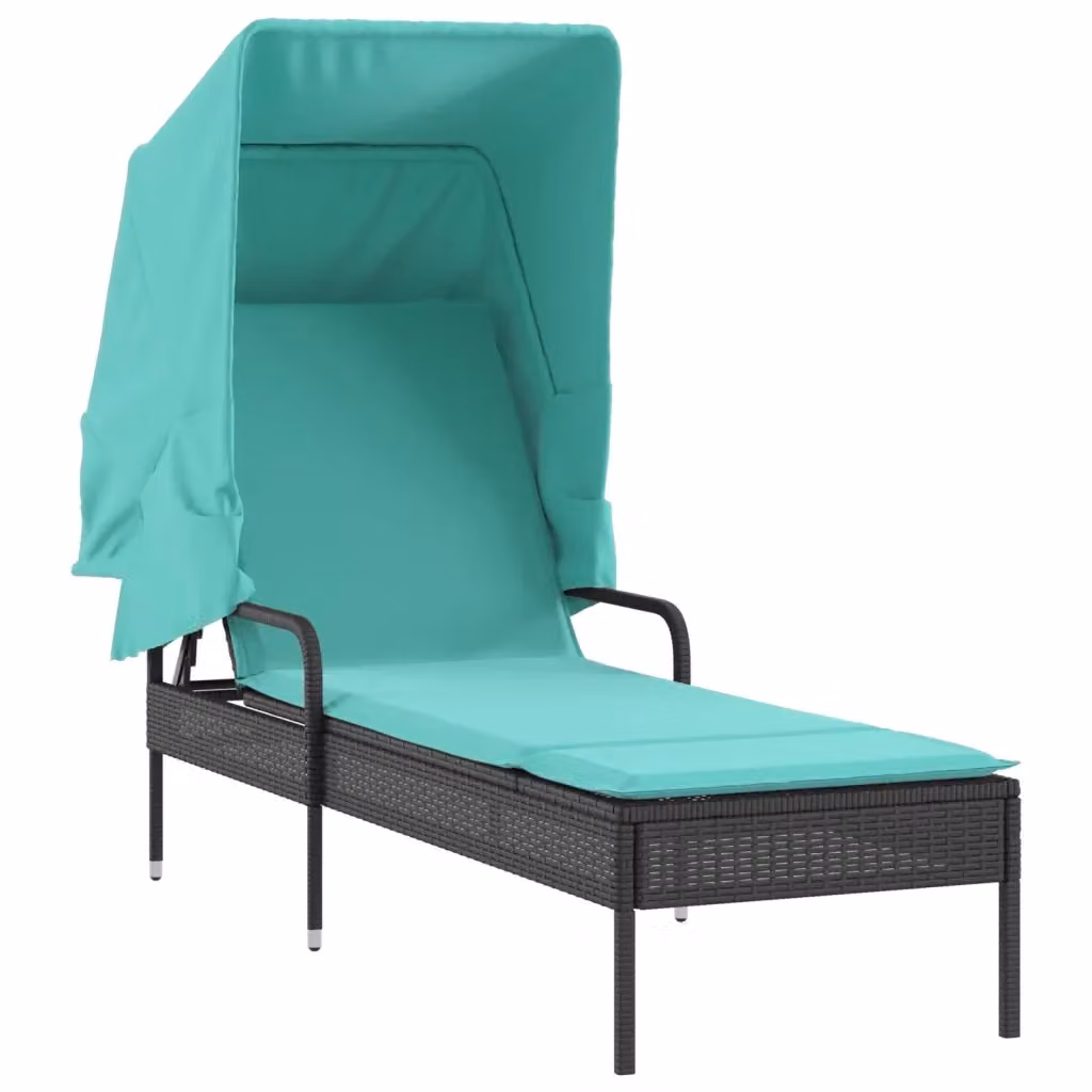 Lettino prendisole con baldacchino vidaXL in Polyrattan Nero e Turchese con poggiatesta regolabile e tessuto resistente ai raggi UV – 2