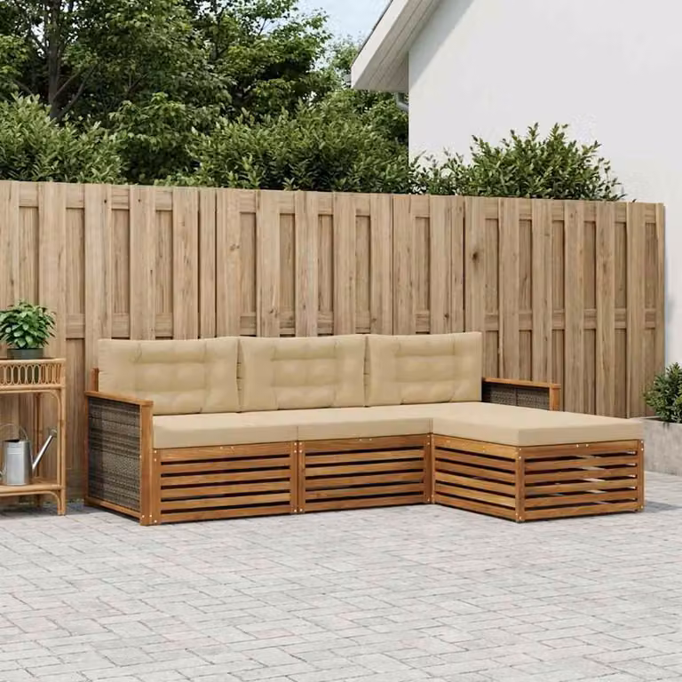 vidaXL Set di divani da esterno 4 pz in legno di acacia con pouf e cuscini, L-shape, Marrone e Beige
