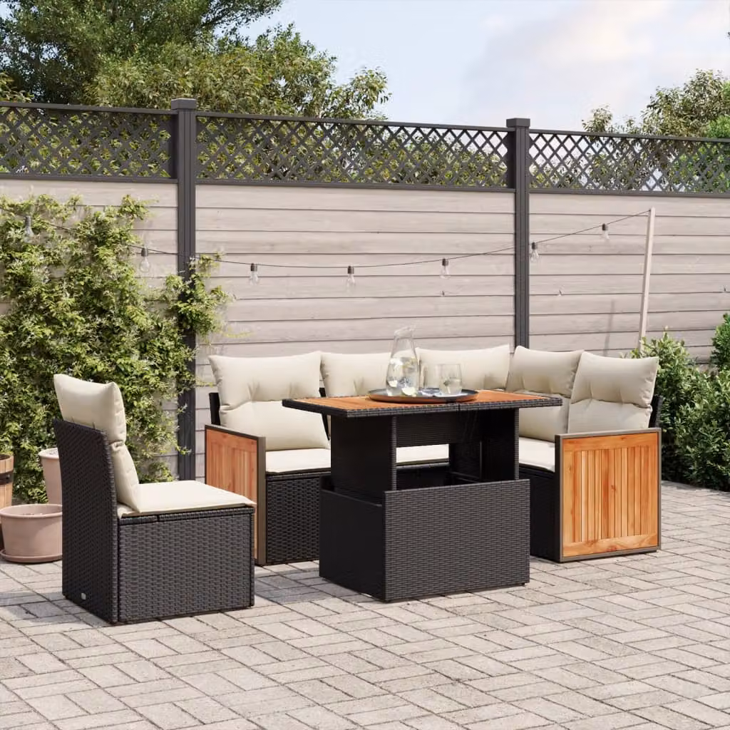 Set Divano da Giardino vidaXL 6 pz con Cuscini e Tavolino da Caffè Nero in Polyrattan e Acciaio – 1