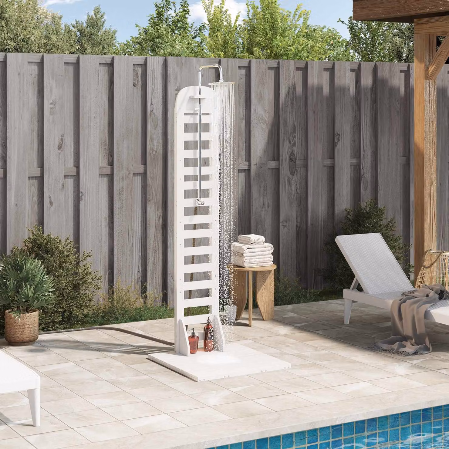 Doccia da esterno vidaXL in legno massello di pino e acciaio inox, colore bianco, Altezza: 223 cm