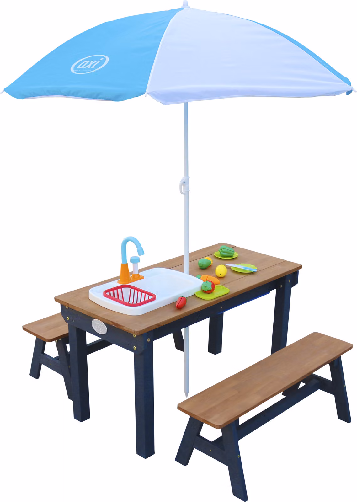 AXI Dennis Tavolo da picnic di sabbia e acqua di legno in antracite / marrone | Tavolo da acqua e sabbia con cucina gioco incl lavello, ombrellone e panche separate | Tavolo da gioco per il giardino