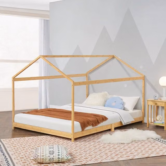 Letto per cameretta Vindafjord en.casa a forma di casetta in bambù naturale beige L/P/H: 200 x 140 x 146 cm