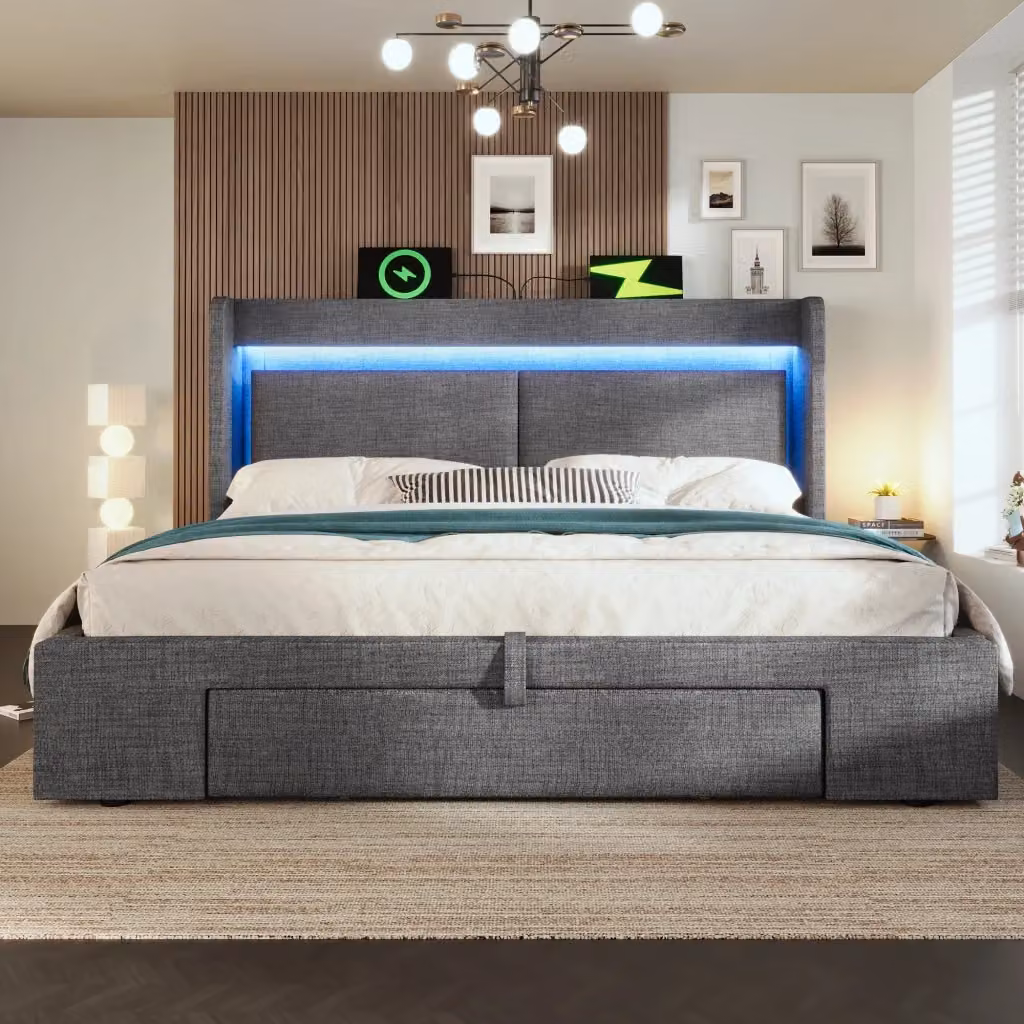Letto Imbottito REDOM con Contenitore Idraulico, Illuminazione LED e Porte USB/USB-C, Grigio, 180x200 cm – 2