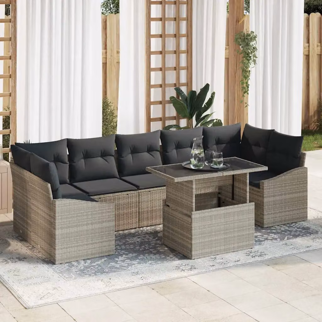 Set Divano da Giardino vidaXL 8 Pezzi Grigio con Cuscini e Tavolino in Polyrattan e Metallo