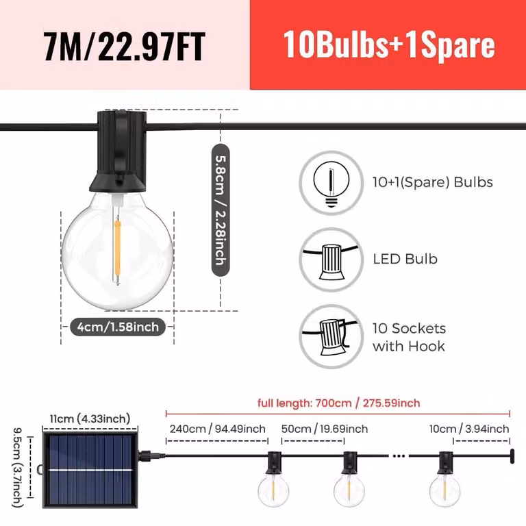Catena luminosa LED G40 - Solare - Luce bianco caldo - 7 metri con 11 lampadine - Telecomando - 8 modalità di illuminazione lampeggiante - Intensità regolabile