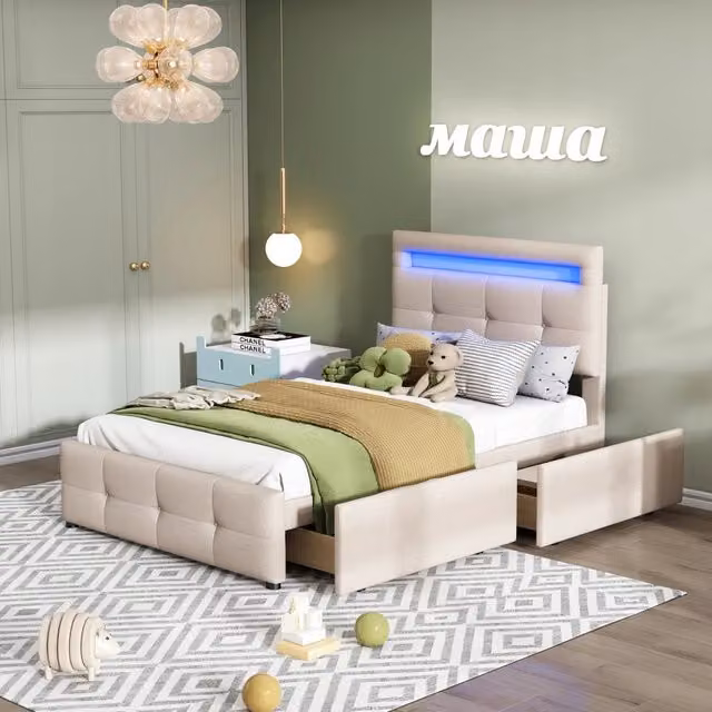 Letto 90x200 LED 2 cassetti beige per bambini - Xylo