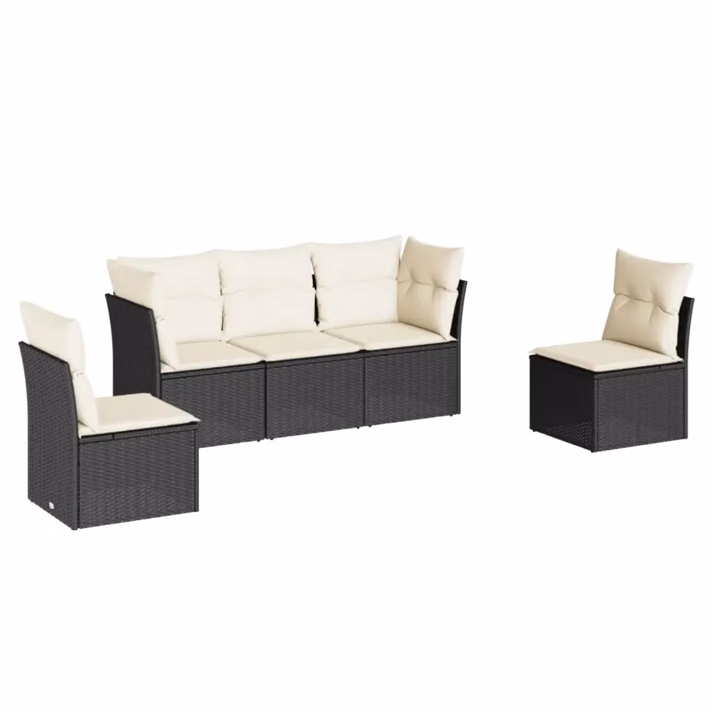 Set di divani da giardino vidaXL a forma di L composto da 5 pezzi con cuscini, struttura in metallo e rattan nero e bianco – 2