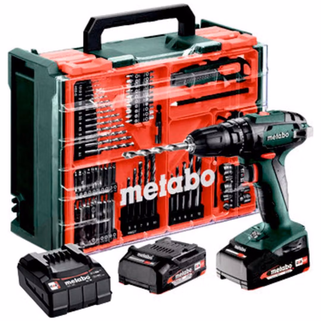 METABO trapano a percussione SB 18 Set Officina mobile + 2 batterie Li-Ion 18V/2,0 Ah con caricatore SC 30 + 74 componenti