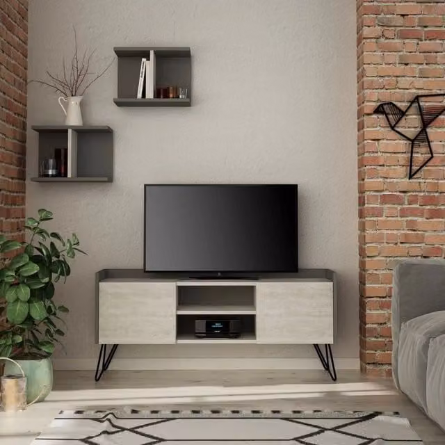 Mobile TV moderno GIORDANOSHOP con 2 ante e 2 mensole in MDF, Colore Antracite e Bianco, L 125,5 cm x P 33 cm x H 56,5 cm