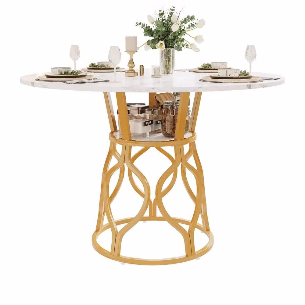 Tavolo da pranzo rotondo Minimal con effetto marmo bianco e oro, struttura in MDF e metallo, L/P/H: 100 x 100 x 75 cm – 2