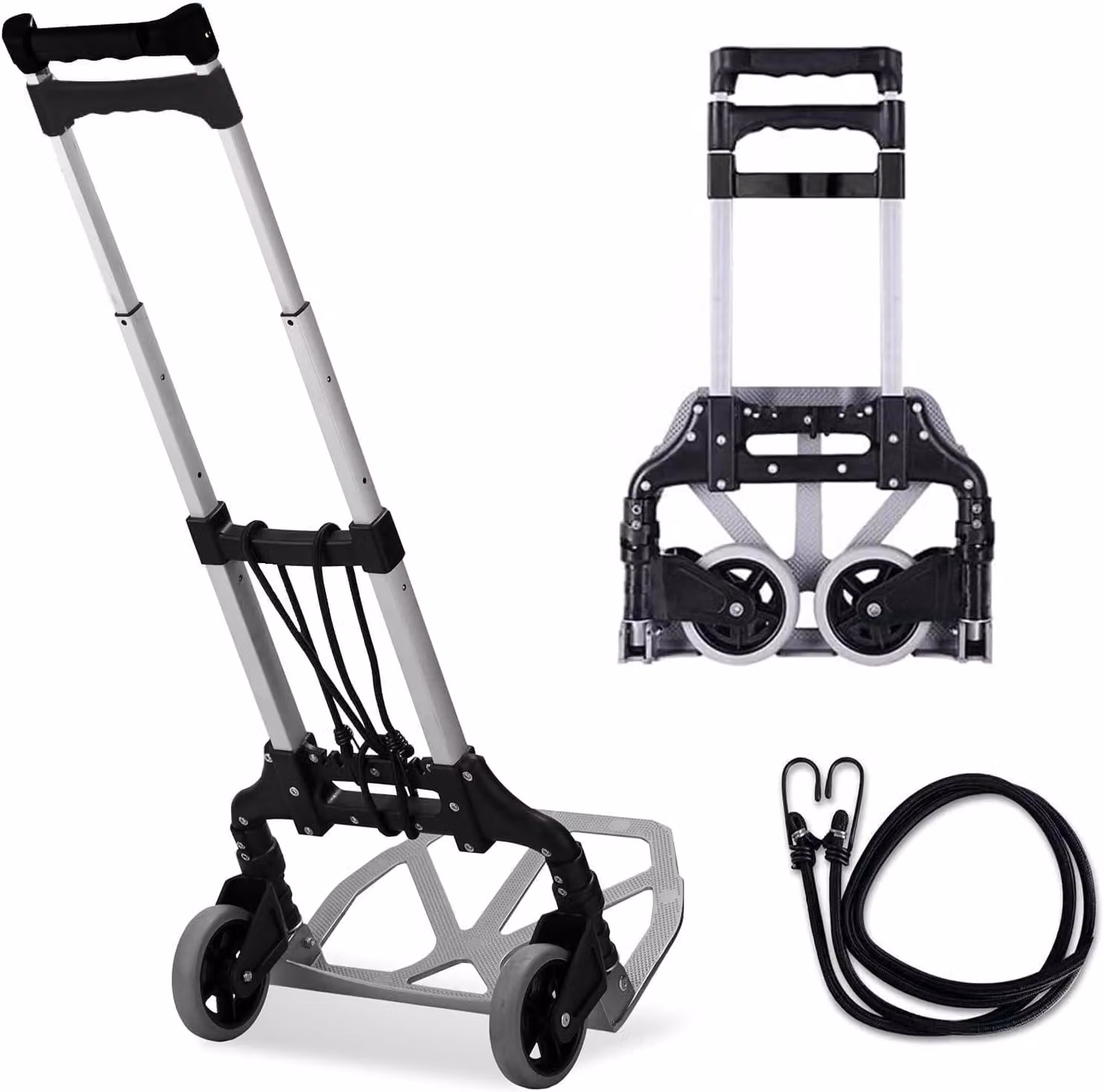 Carrello pieghevole da trasporto, capacità 75 kg, in alluminio, ideale per l'uso all'aperto, dotato di ruote e cinghia di fissaggio