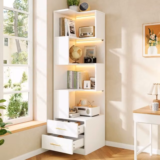 Libreria angolare ULEVR 165x45x45 cm con LED multicolore, 4 ripiani aperti e 2 cassetti, bianca