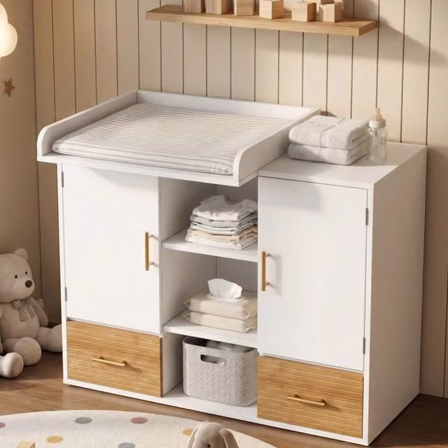 Cassettiera fasciatoio multifunzione WISHDOR bianca con armadietto, cassetti e ripiani, L: 114 cm, P: 53 cm, H: 92 cm