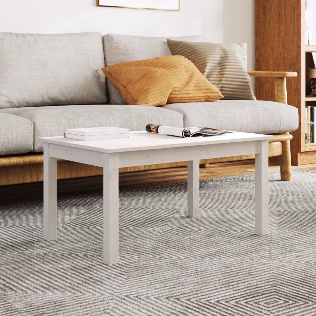 The Living Store Tavolino bianco 80x50x40 cm in legno di pino massiccio