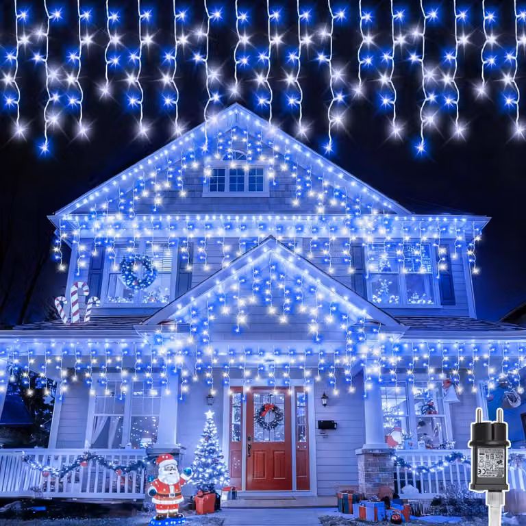 Catena luminosa effetto neve, 20 metri, 480 LED, blu/bianco, con timer, impermeabile