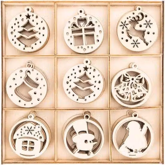 Set di decorazioni in legno con 8 diversi motivi, decorazione da tavola, scatola in legno, 63 pezzi.
