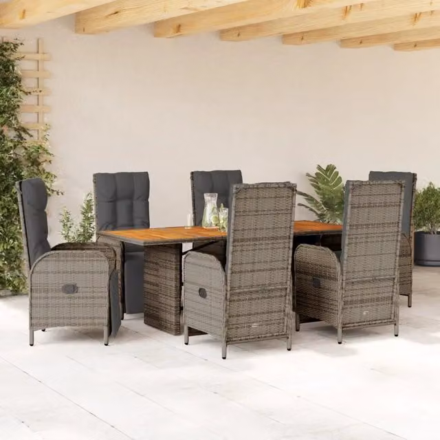 Set da pranzo da giardino vidaXL in polyrattan e legno di acacia grigio, 7 pezzi – 1