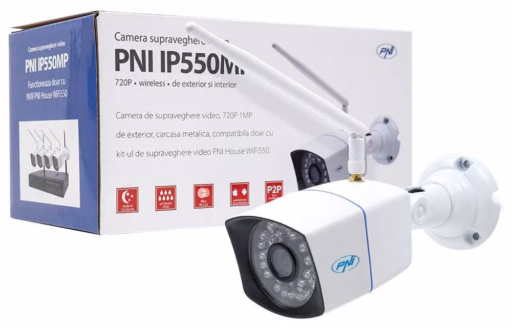 Telecamera di videosorveglianza wireless PNI IP550MP, risoluzione 720p, per uso esterno, compatibile con il kit WiFi550