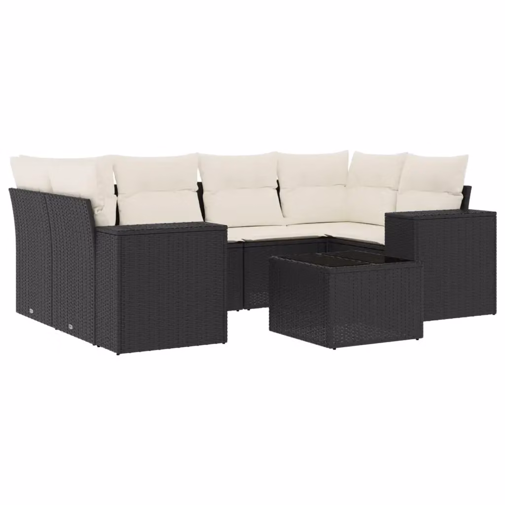 vidaXL Set Divano da Giardino a L con 7 Pezzi, Colore Nero e Bianco, con Cuscini e Tavolino da Esterno in Metallo e Polyrattan – 2