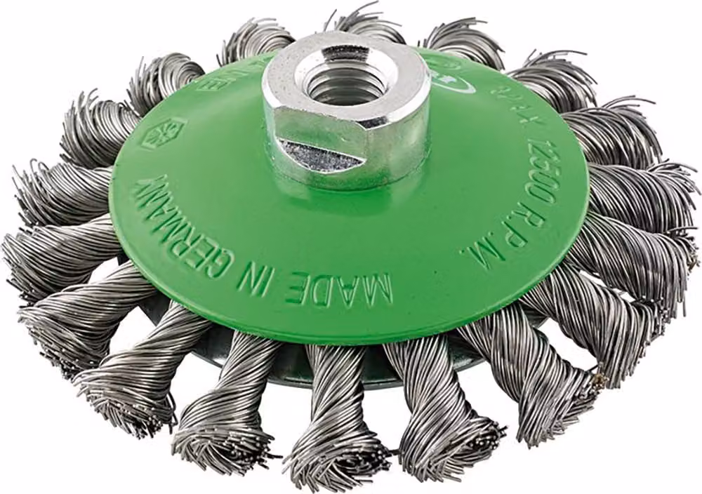 Formato spazzola conica in acciaio inox M14 annodata 115x0,5 mm