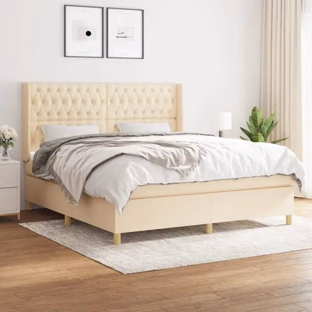 Letto Ibrido vidaXL con Giroletto a Molle e Materasso in Tessuto Beige e Bianco L/P: 180 x 200 cm