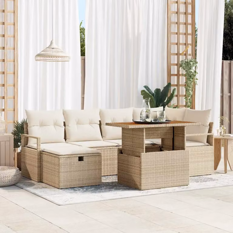 Set Divano da Giardino vidaXL in Polyrattan Beige con Cuscini, 7 Pezzi