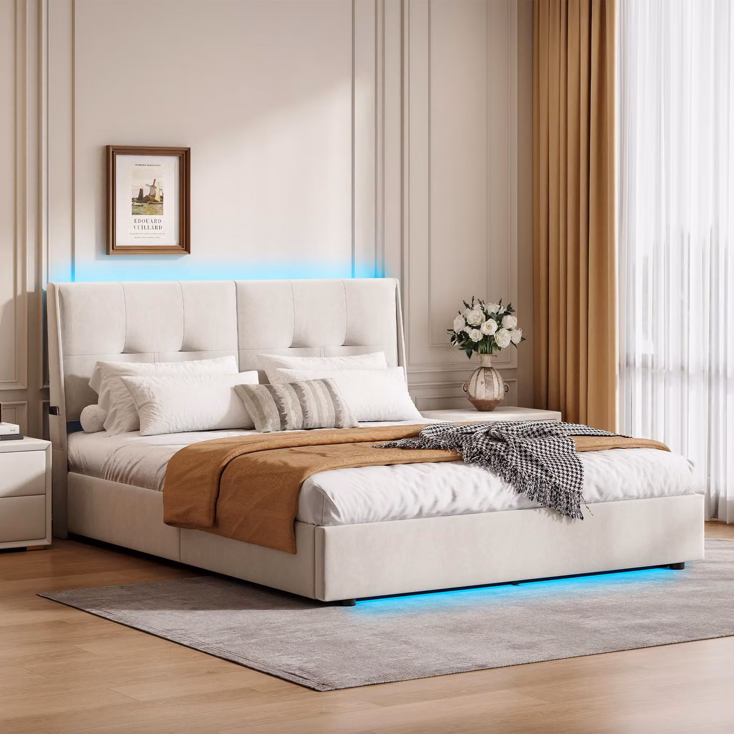 Letto imbottito 160x200 con illuminazione a LED, struttura del letto idraulica con spazio contenitore e rete a doghe, letto matrimoniale beige in velluto, senza materasso