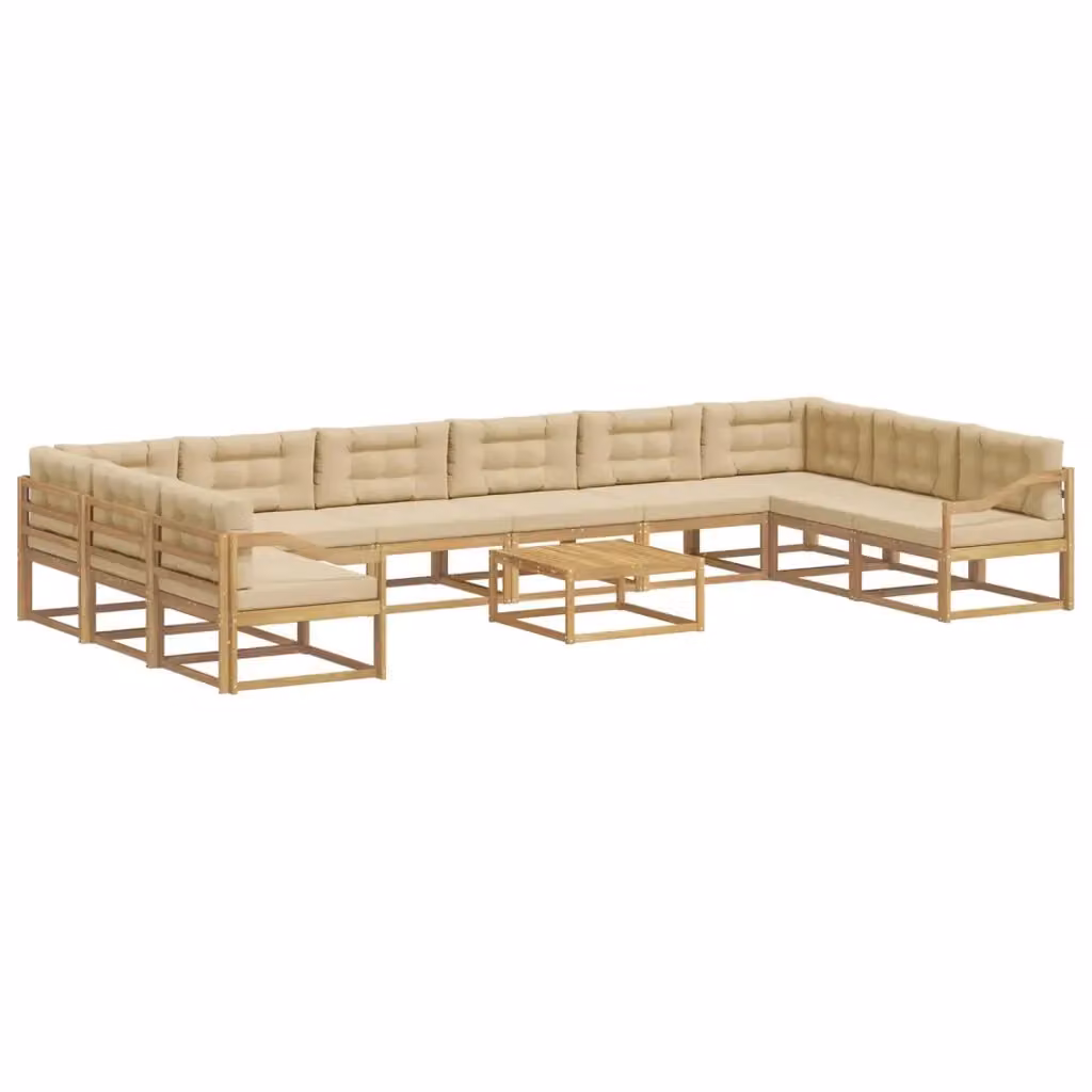 Set di divani da esterno a forma di U vidaXL in legno di acacia con cuscini e tavolino da caffè, Bianco, Beige e Marrone – 2