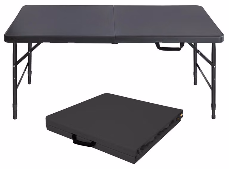 Tavolo da campeggio pieghevole - Nero, regolabile - 125x61 cm - Metallo e plastica