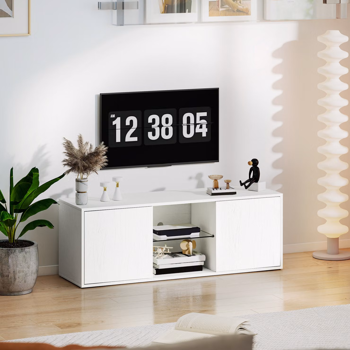 Mobile Porta TV HOMCOM Moderno Bianco con Ante Soft Close e Ripiano in Vetro, Sospeso o a Terra, per TV fino a 55 pollici – 2
