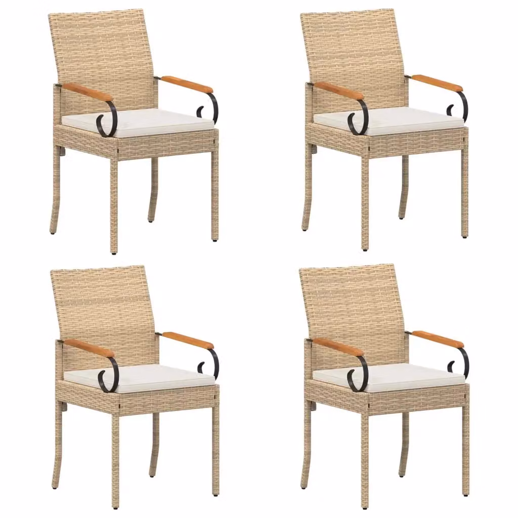 Set di 4 sedie da giardino vidaXL in polyrattan e legno di acacia con cuscini beige e bianco crema