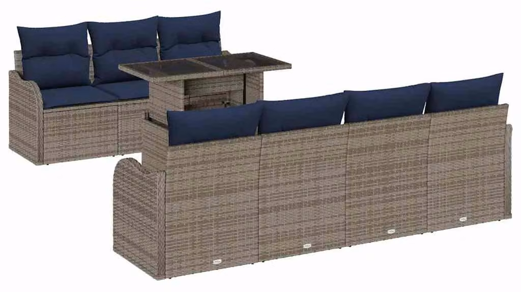 Set da giardino composto da 8 pezzi, colore grigio, realizzato in rattan sintetico