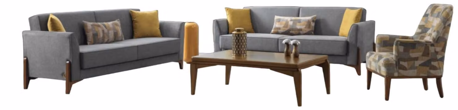Graue Sofagarnitur Couch Polster Möbel Stoffsofa 3+3+1 Sitzer Schlaffunktion