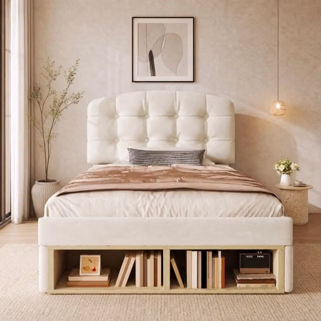 Letto imbottito 90x200 cm in velluto beige con testiera regolabile; cassetti e contenitore