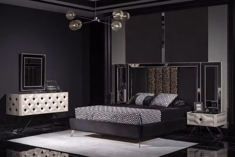 Komplett Möbel Moderne Schlafzimmer Bett 2x Nachttische Schminktisch mit Spiegel