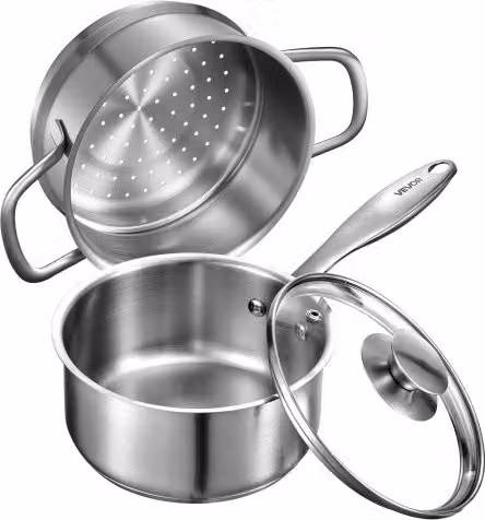 Casseruola da cucina VEVOR in acciaio inox e alluminio con coperchio in vetro, capacità 1,4 l, colore argento