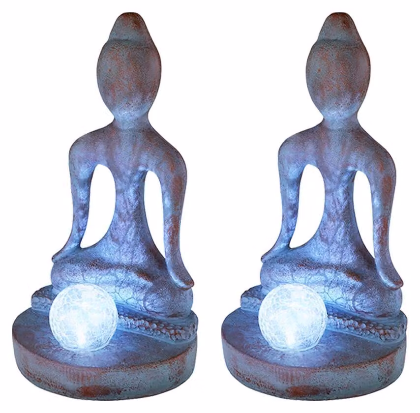 set di 2 luci solari a LED, Buddha, bronzo-argento, H 30 cm