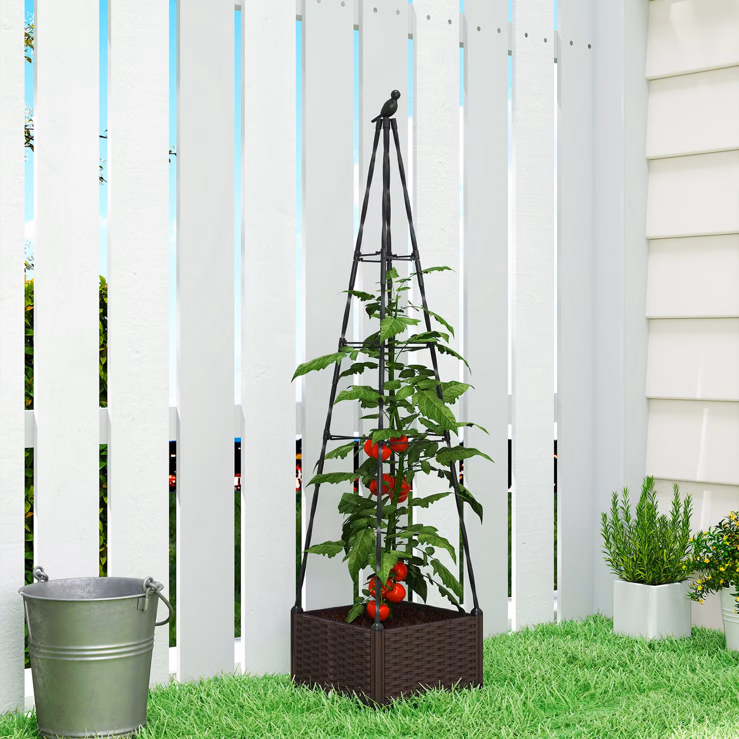 Fioriera con Traliccio Metallico Outsunny per Piante Rampicanti in PP con Fori di Drenaggio e Tappi, L/P/H: 40 x 40 x 175 cm – 2