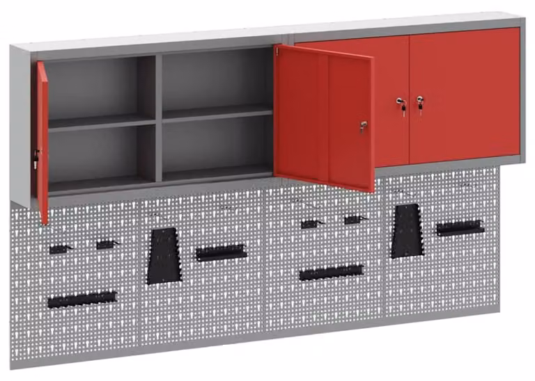 Armadietto per attrezzi da montare a parete - Acciaio verniciato a polvere rosso - 200x20x115 cm - Ideale per officine e garage