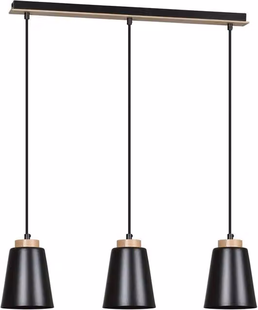 Lampadario a soffitto Du Lac Luceart-Classic con 3 luci, paralumi a cono in acciaio nero e legno naturale – 1