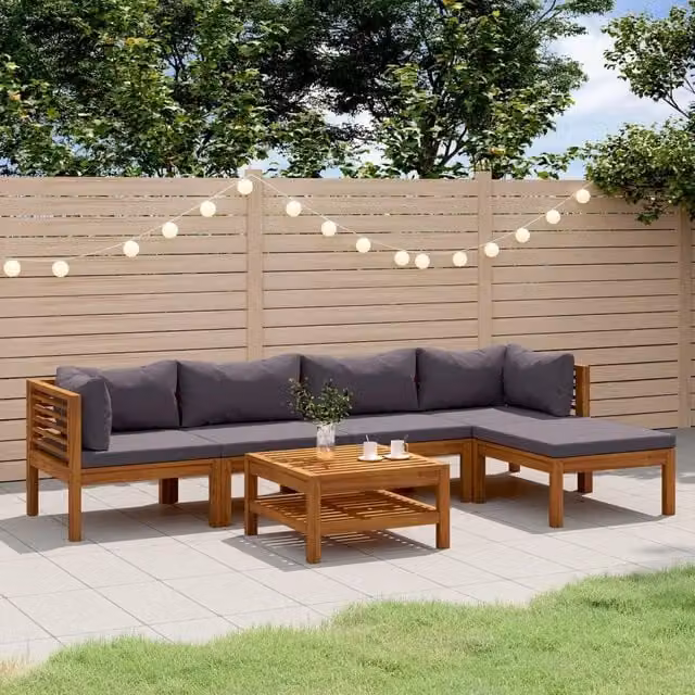Set da giardino componibile vidaXL in legno di acacia con 7 pezzi e cuscini grigi – 1