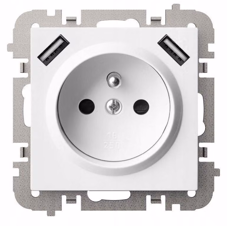 SANTRA, presa a 2P+T, 2 porte USB, alimentata, senza cornice, colore bianco, modello 4188-10