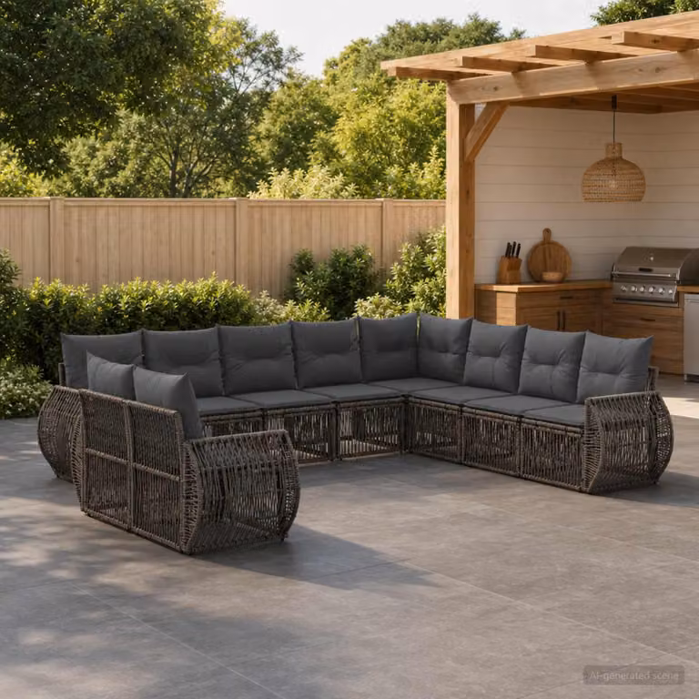 Set Divano da Giardino vidaXL 10 pz a Forma a L con Cuscini, Colore Grigio e Antracite, Struttura in Metallo e Polyrattan
