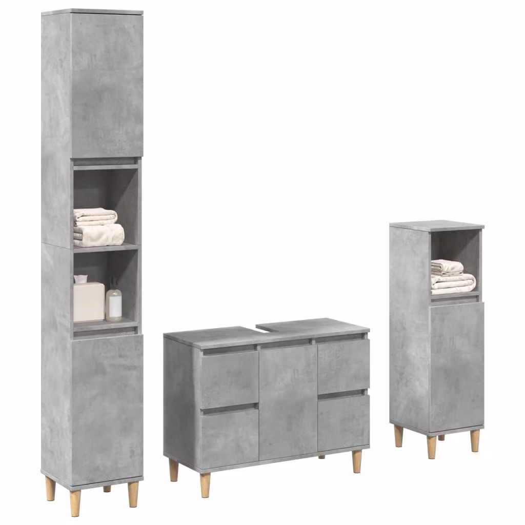 Set di mobili da bagno vidaXL in legno multistrato grigio, composto da 3 pezzi: mobile lavabo, colonna alta e mobile laterale