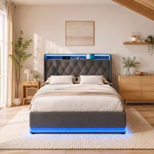 Letto 160x200 cm con contenitore idraulico, LED e USB-C in lino grigio